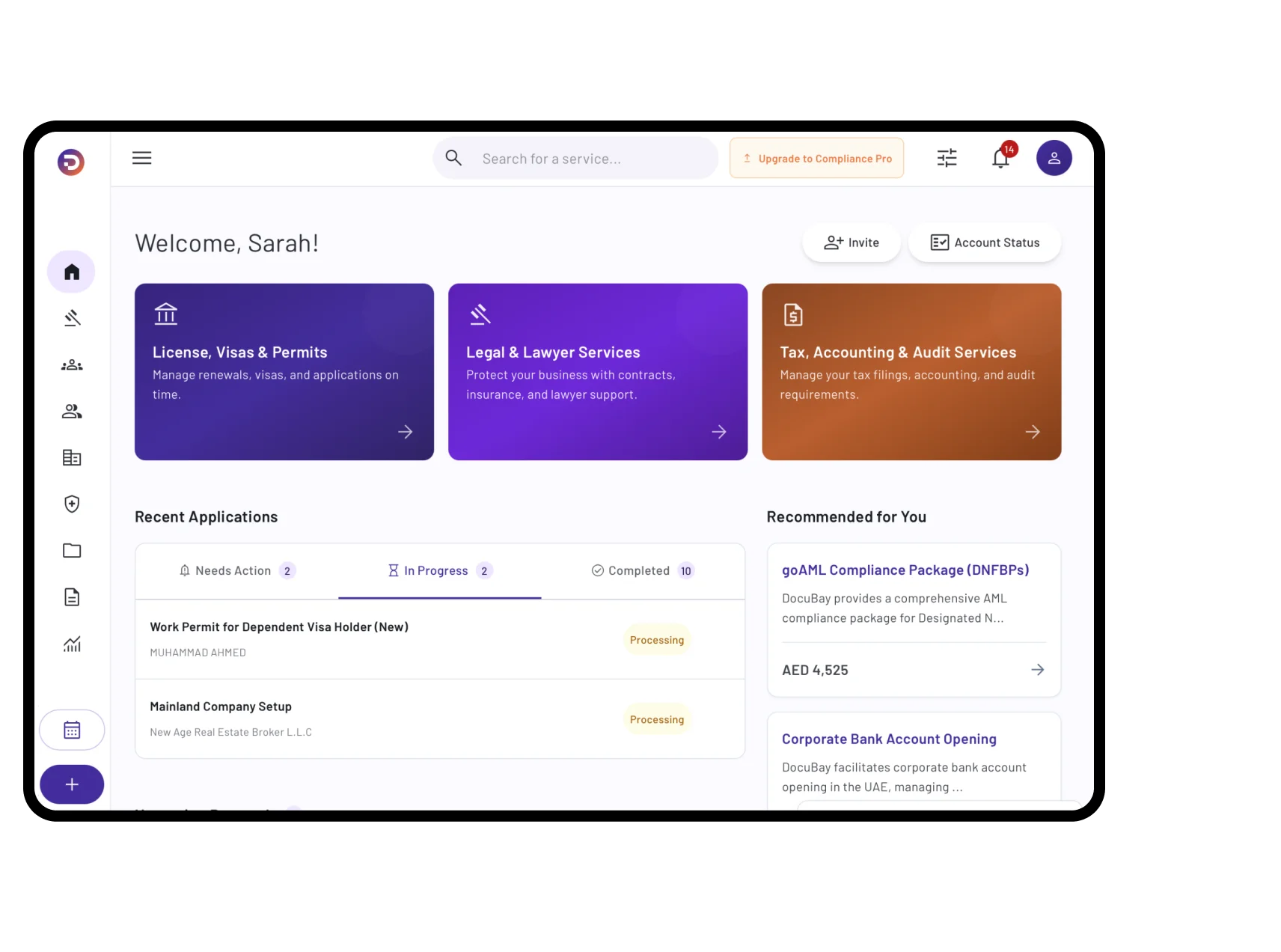DocuBay dashboard showcasing streamlined business management features.