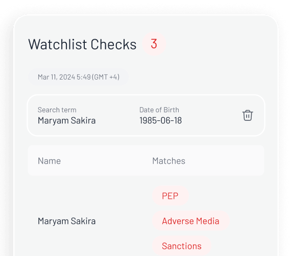 Due-diligence dashboard displaying user's PEP screening status, sanctions list check results, and adverse media alerts