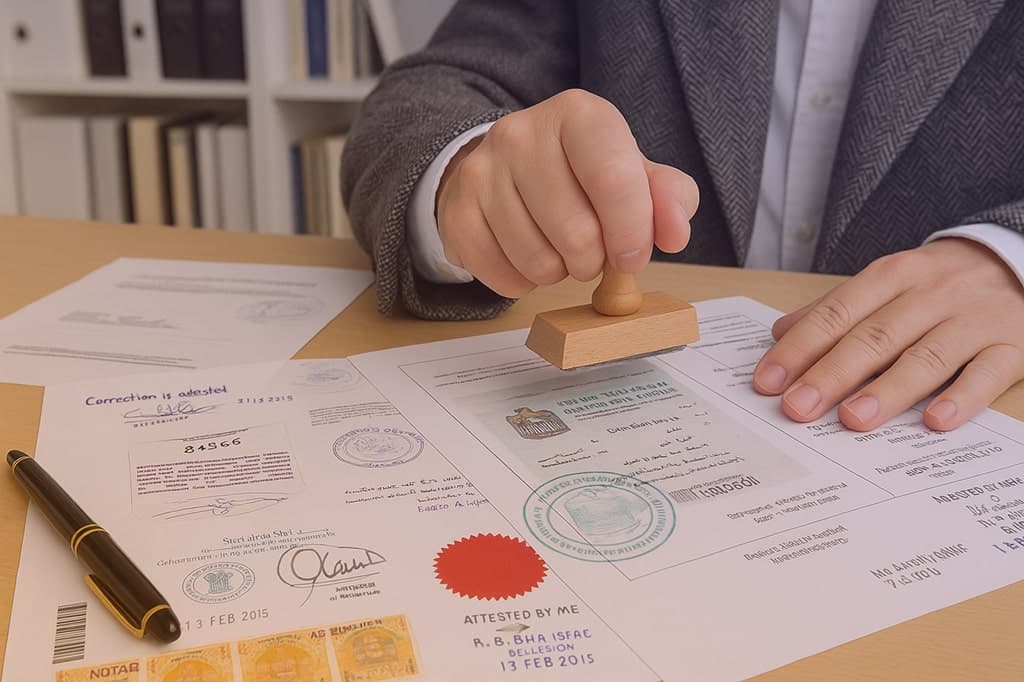 Image showing man's hand stamping bunching of documents, document show various attestion stamps.