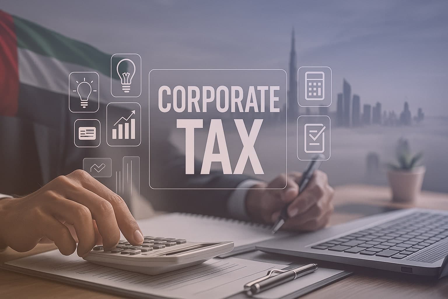 Illustration showing Corporate Tax, A person typing of laptop, UAE flag with dubai skyline in the background
