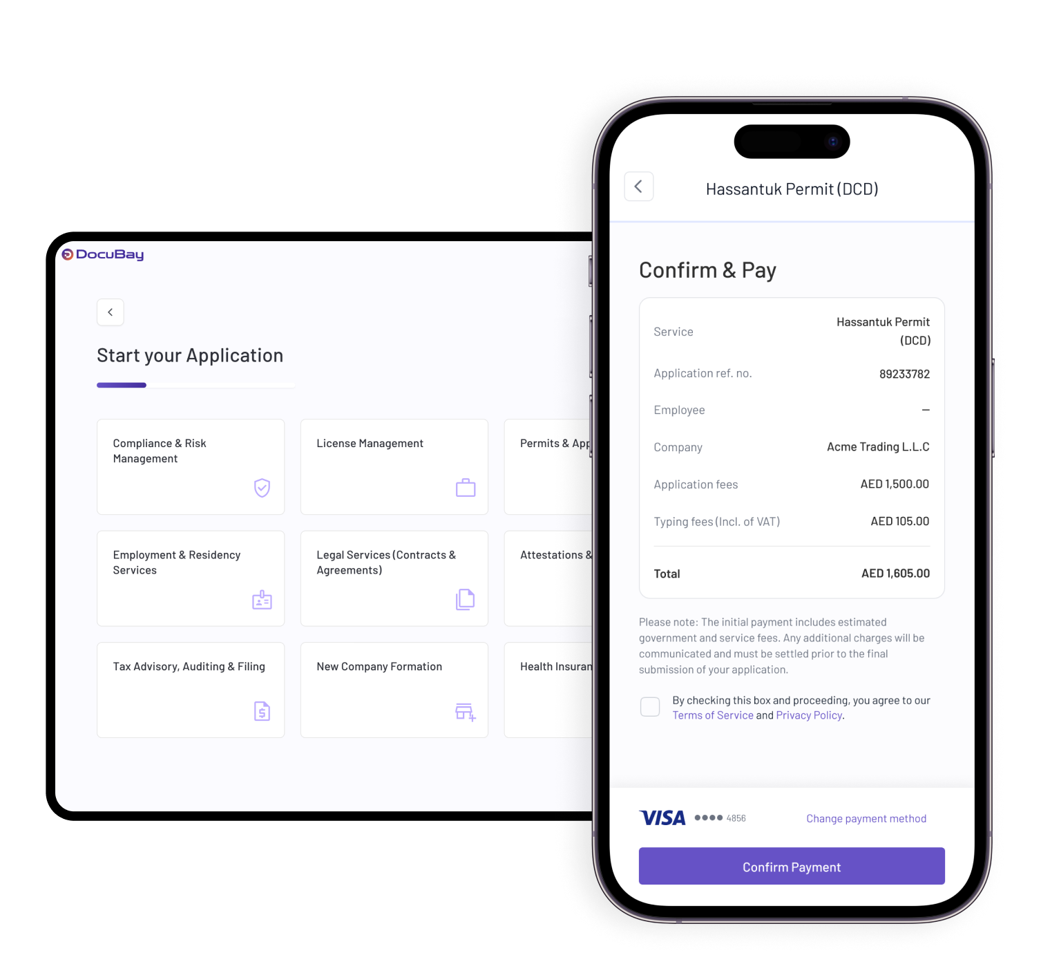 Mobile illustration of DocuBay's unified platform for business and legal services in the UAE.