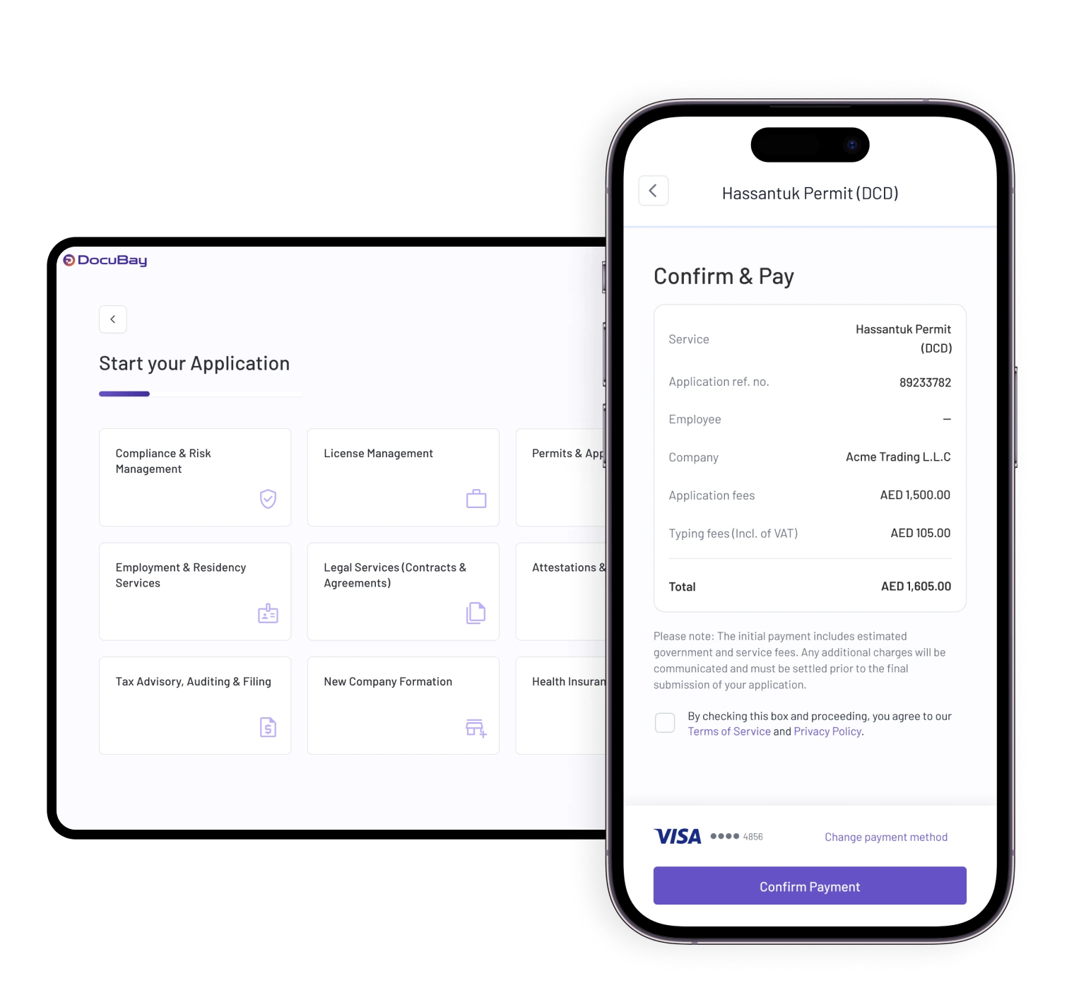 Mobile illustration of DocuBay's unified platform for business and legal services in the UAE.