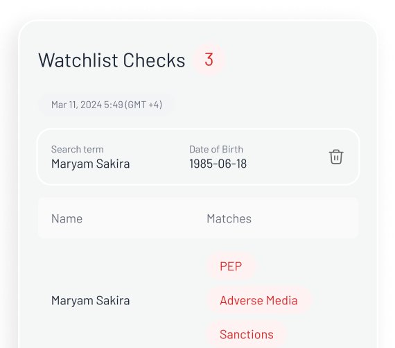 Due-diligence dashboard displaying user's PEP screening status, sanctions list check results, and adverse media alerts