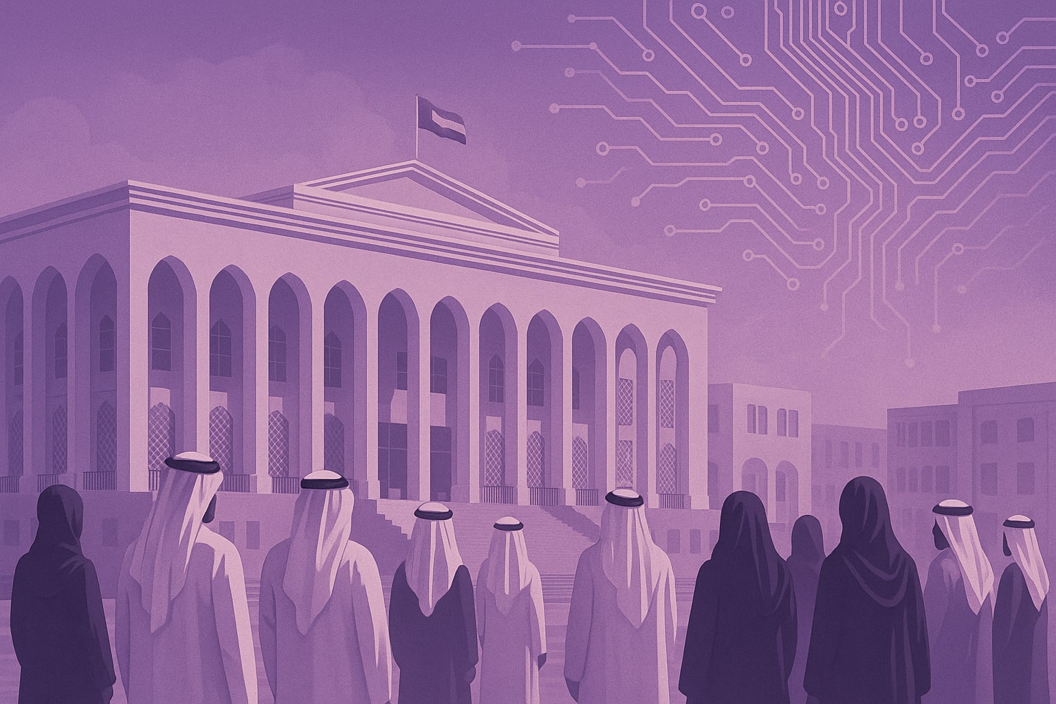 Illustration of government building with government employees and technology patterns