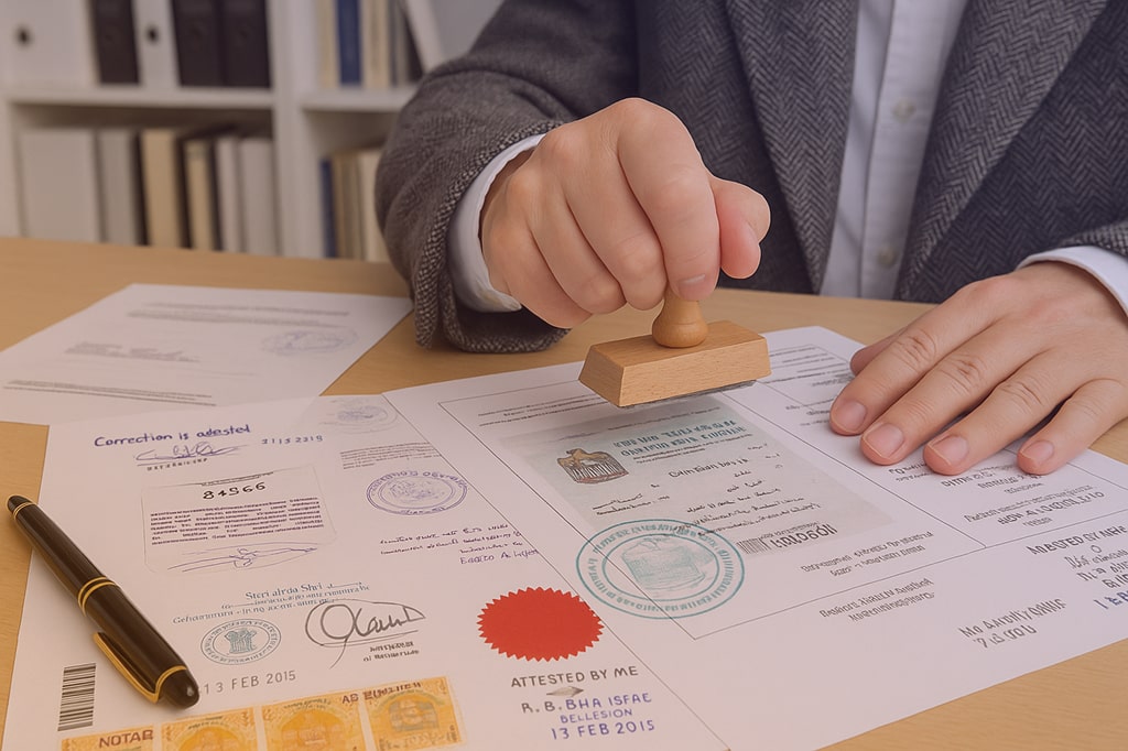 Image showing man's hand stamping bunching of documents, document show various attestion stamps.