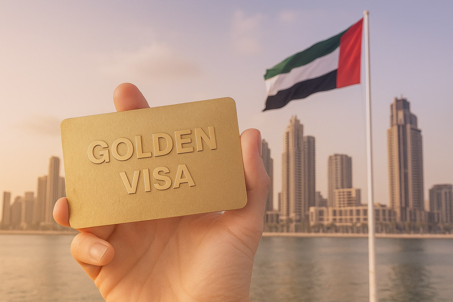 Illustration of hand holding golden visa and UAE flag and skyline in the background.