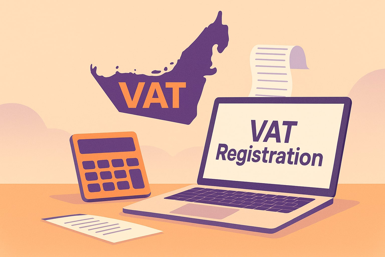 Illustration of laptop showing VAT Registration along with UAE Map